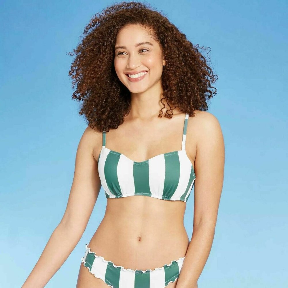 NWT Shade & Shore Women's Striped Back Tie Bikini Top, Green, 34A